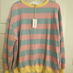 Veveret Women’s Pastel Pink & Blue Stripe Sweater with Yellow Trim